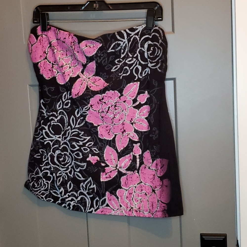 NEW Strapless PINK & BLACK FLORAL ladies blouse with shelf bra 15/17